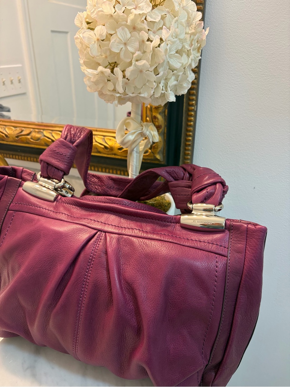 B. Makowsky Plum Leather Shoulder Bag with Silver-Tone Accents NWOT - Picture 2 of 13